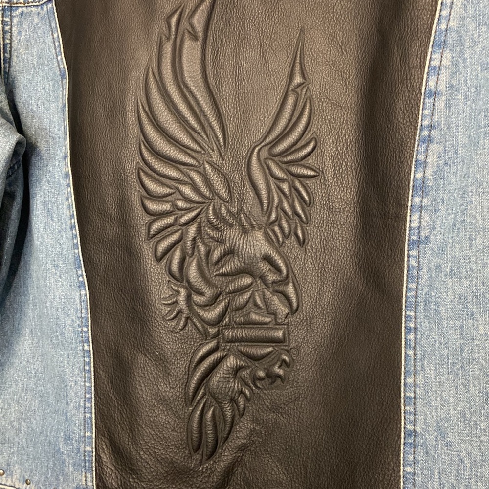 Vintage Harley-Davidson XL Women’s Jean Jacket Leather Back Panel Biker Moto - Picture 8 of 9